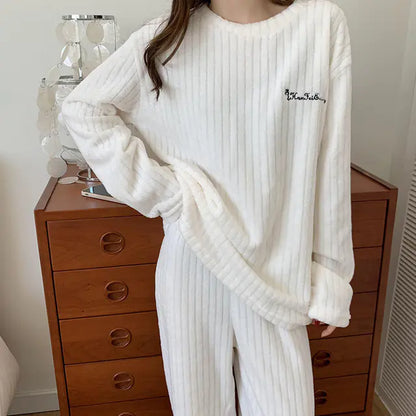 Women's Striped Coral Fleece Pajamas Set for Fall/Winter